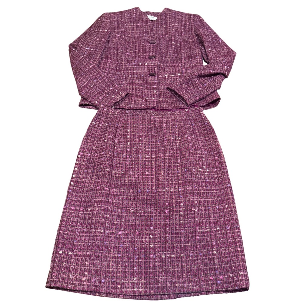 Le Suit Petite Burgundy Plum Wine Tweed 2 Piece Blazer Pencil Skirt Set 4P Femme